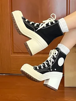 2023 Primavara/Vara Noi Tocuri inalte Sexy Tocuri Groase Albe Urât Drăguț Pantofi de Panza pentru Femei Dantelă-Up Retro Mare Sus Pantofi