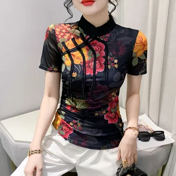 #6378 Negru Mesh T Camasa pentru Femei Stand Guler Butoane Chineză Stil Vintage tricou cu Maneca Scurta Tricou Asimetric cu Print Floral