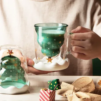 Dublu izolat de Craciun cana cu capac, filtru de cafea ceașcă de sticlă, rezistente la căldură, borosilicată mare, și de înaltă aspectul ceașcă de Crăciun