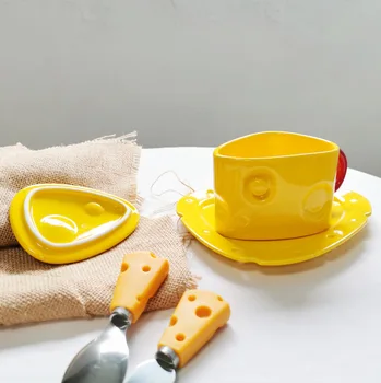 INS Branza Cana cu Capac Ceramic Ceașcă de Cafea Pură Galben Drăguț Triunghi Farfurie de Desert de Mare Frumusețe Rotund mic Dejun Farfurie, Lingura Furculita