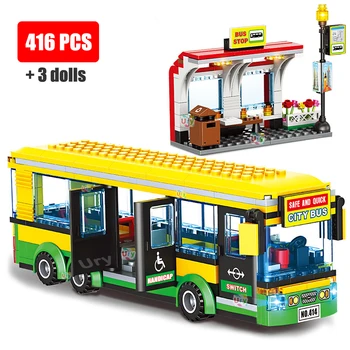 Masina de oras Galben de Pasageri Școală Stația de Autobuz Single-Punte Publice Stabilite Cifrele Model Blocuri de BRICOLAJ, Jucarii pentru Baieti Cadouri