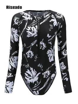 Sport Maneca Lunga Rashguard Costume de baie Femei 2023-O singură Bucată de costume de Baie Florale Imprimate, Costume de Baie Beachwear (UPF 50+)