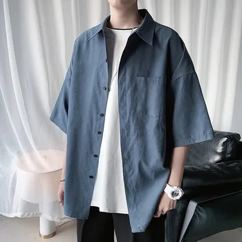 Streetwear Supradimensionat De Culoare Solidă Pentru Bărbați Scurt, Camasi Cu Maneca Buzunare Vara Negru Clasic Topuri De Moda Coreeană De Sex Masculin Bluze