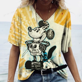 2023 Vara T-shirt Doamna Disney Mickey Mouse Print cu Maneci Scurte Moda V-Neck Tank Top Femei de Strada de Mare V-Neck T-shirt de Sus