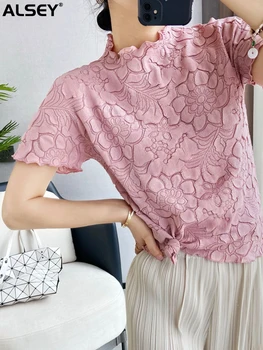 ALSEY Miyake Cutat Broderii Florale Stand de Guler cu Maneci Scurte T-Shirt de Vara Noi Vrac Solid Subțire Tricou Femei Top Elegant