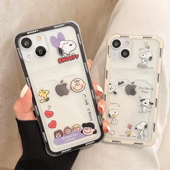 Anime Snoopies Telefon Caz pentru Iphone 11 12 13 14 Pro Max Xs Xr 7 8 Plus de Moda Transparent Titularul Cardului de Coajă Moale Anti-shatter