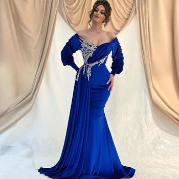 Arabia Arabric Rochie de Seara Royal Albastru Rochii pentru Femei Elegante de Seara Mâneci Lungi Rochie de Bal Mermaid Petrecere Rochie Vneck