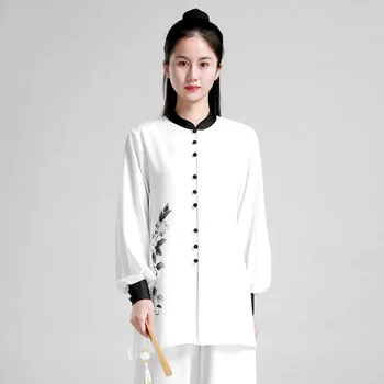 Artă marțială Uniformă Wushu Îmbrăcăminte Kung Fu Rochie de Tai Chi Fata Haine Femei pictate manual Kun Master Alb 2023 Stil Nou