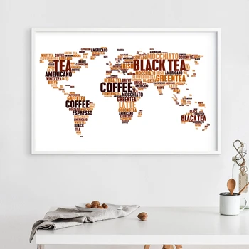 Cafea și Ceai sau Băuturi Calde Nor de Tag-uri de Cuvinte în Hartă a Lumii Printuri cafenea Arta de Perete Poza Decor Harta Poster Panza Pictura
