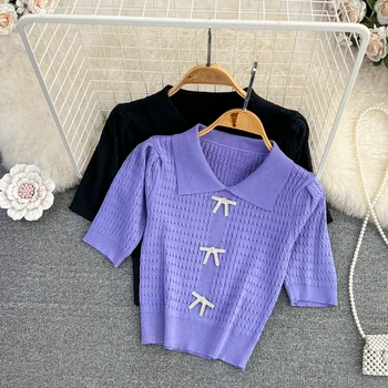 Chic Bowknot Maneci Scurte T-Shirt 2023 Nou Stil Coreean Vara Guler De Turn-Down Slab Topuri Toate Potrivire Haine De Sex Feminin