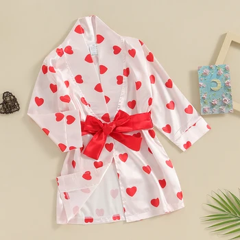 Copilul de Mătase Satin Halat de Ziua Îndrăgostiților Inima Print Kimono-Halat Cu cordon pentru Copii Fete Halat Sleepwear