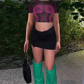Corp 3D de Imprimare, O-neck Top Trunchiate Femei de Vara cu Maneci Scurte T-shirt Sexy Club de noapte Streetwear 2023 Moda Y2K Drăguț Tricou
