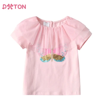 DXTON Vara Copii mici Fete T-shirt Fluture Appliqued Maneca Scurta Copii T-shirt Sequin Bumbac Casual Copii Topuri si Tricouri