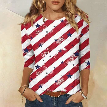 Femei de Moda Casual Maneca Trei Sferturi Ziua Independenței de Imprimare Gât Rotund Pulover de Sus Bluza Camisetas футболка женский