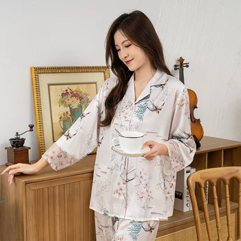 Femei Pijama Satin Sifon Buna Pijamale cu Mâneci Lungi Guler de Turn-Down Seară de Agrement Moda Subțire Haine de Acasă