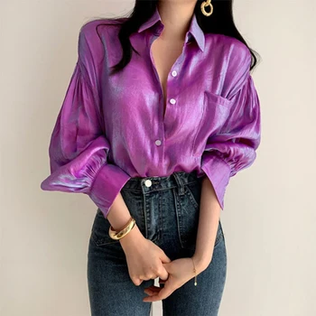 Gradient De Culoare Tricouri Femei 2023 Moda Luminoase Bluza Feminin Elegant Rever Butonul Blusa Casual Manșon De Puf De Top Supradimensionat