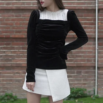 Haine Vintage 2021 Femeie De Pluș Tricou Fals Din Două Piese Set Drăguț De Bază Tricou Femei Din Coreea De Negru Maro Corp Subțire Streetwear Topuri