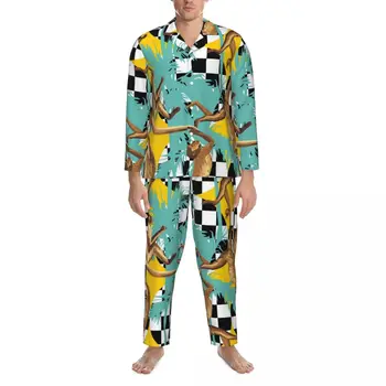 Maimuta de Imprimare Seturi de Pijama Alb Negru Verificați Kawaii Pijamale Femei Maneca Lunga Epocă de zi cu Zi 2 Piese de îmbrăcăminte de noapte Plus Size 2XL