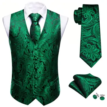 Mens Vesta Cravata Set Vestă De Mătase Nunta Green Black Paisley Formale Cadou De Petrecere Costum Rochie Fără Mâneci Jacheta Om Barry Wang