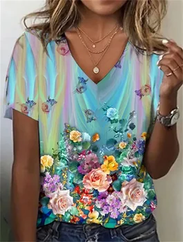 Moda pentru Femei T-Shirt Flori 3d de Imprimare Îmbrăcăminte V-Neck Maneca Scurta, Topuri de Vara Harajuku Doamnelor Pulover Supradimensionat de sex Feminin Tees