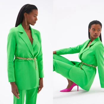 Moda Verde Femei Costume Casual Crestate Rever Un Singur Buton Sacou Conceput 2 Piese Pantaloni Sacou De Zi Cu Zi Streetwear Formale Haina