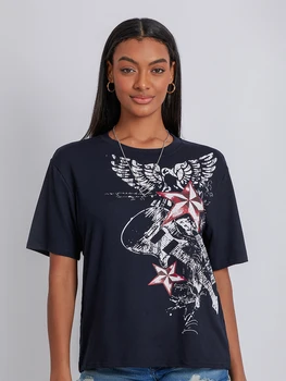 Nouă Femei Vara Gotic Topuri Stele Eagle Print Cu Maneci Scurte Rotund Gat Grunge T-Shirt Pentru Vară, Primăvară Fierbinte De Vânzare S M L