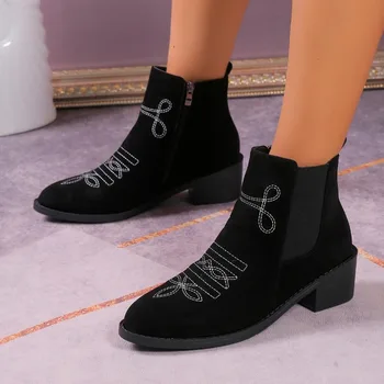 Partea Zip pentru Femei Glezna Cizme Toc Pătrat Pantofi pentru Femei 2023 Fierbinte Vanzare Pantofi pentru Femei Broda Subliniat Toe Doamnelor Cizme de Zapatos