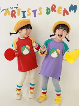 Pentru copii de Toamna cu Mâneci Lungi Tricou Bottom Desene animate Ilustrare de Imprimare Fetita Multicolor Împletit Elastic T-Shirt