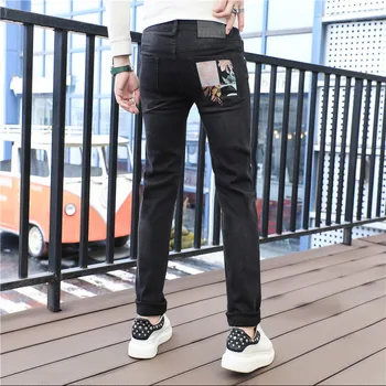 Primavara Toamna anului Nou Stil coreean Întinde de Lux Pantaloni de Cowboy Streetwear Slim Black pentru Barbati cu imprimeu Denim Clasic Casual, Blugi