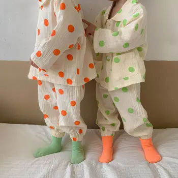 Primăvară Casual De Toamna Pentru Copii Baieti Fete Loungewears Două Bucăți Portocaliu Verde Punctată Subțire Turndown Guler Camasi Paltoane Pantaloni Largi