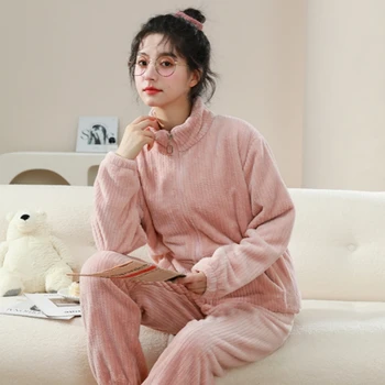 QSROCIO Iarna cu Fermoar pentru Femei Coral Catifea Set de Pijama Simplă Îngroșa Moale cu Maneci Lungi Homewear Moda Casual Pijamale Cald