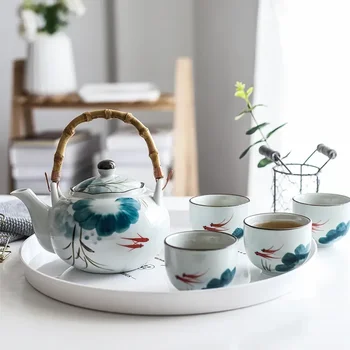 Set din Ceramica Carasi Oală de Ceai Ceașcă de Ceai Cana de Apa Lotus Design Ceainic Teaware Set (4 cesti+1 ceainic)