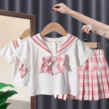 Set haine fete 2024 Fetiță Jk Uniformă de Colegiu Fusta Stil Papion Carouri Fusta Plisata Două Piese Rochie de Vara pentru Fete