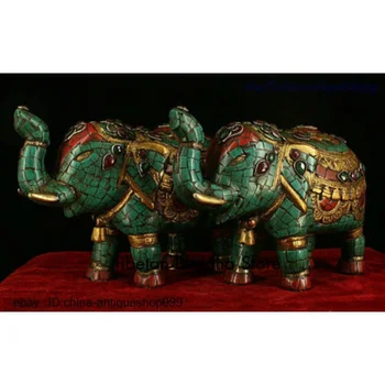 Vechiul Tibet Bronz Aurit Inlay Turcoaz Coral Gem De Bun Augur Elefant Statuie Pereche
