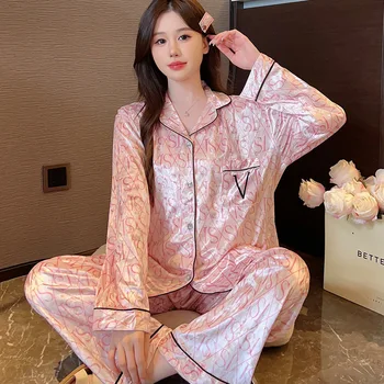 Velur Pijamale pentru Femei Costum de Somn Set Design de Lux Body 2 buc Toamna Iarna Nou Somn Set Pantaloni Print Homewear îmbrăcăminte de noapte
