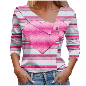 Ziua îndrăgostiților Dragoste Print T Camasa pentru Femei Primavara Toamna Oblic Guler Maneca Lunga Tricouri Pentru Femei 2024 3D Elegante, Topuri Tricou